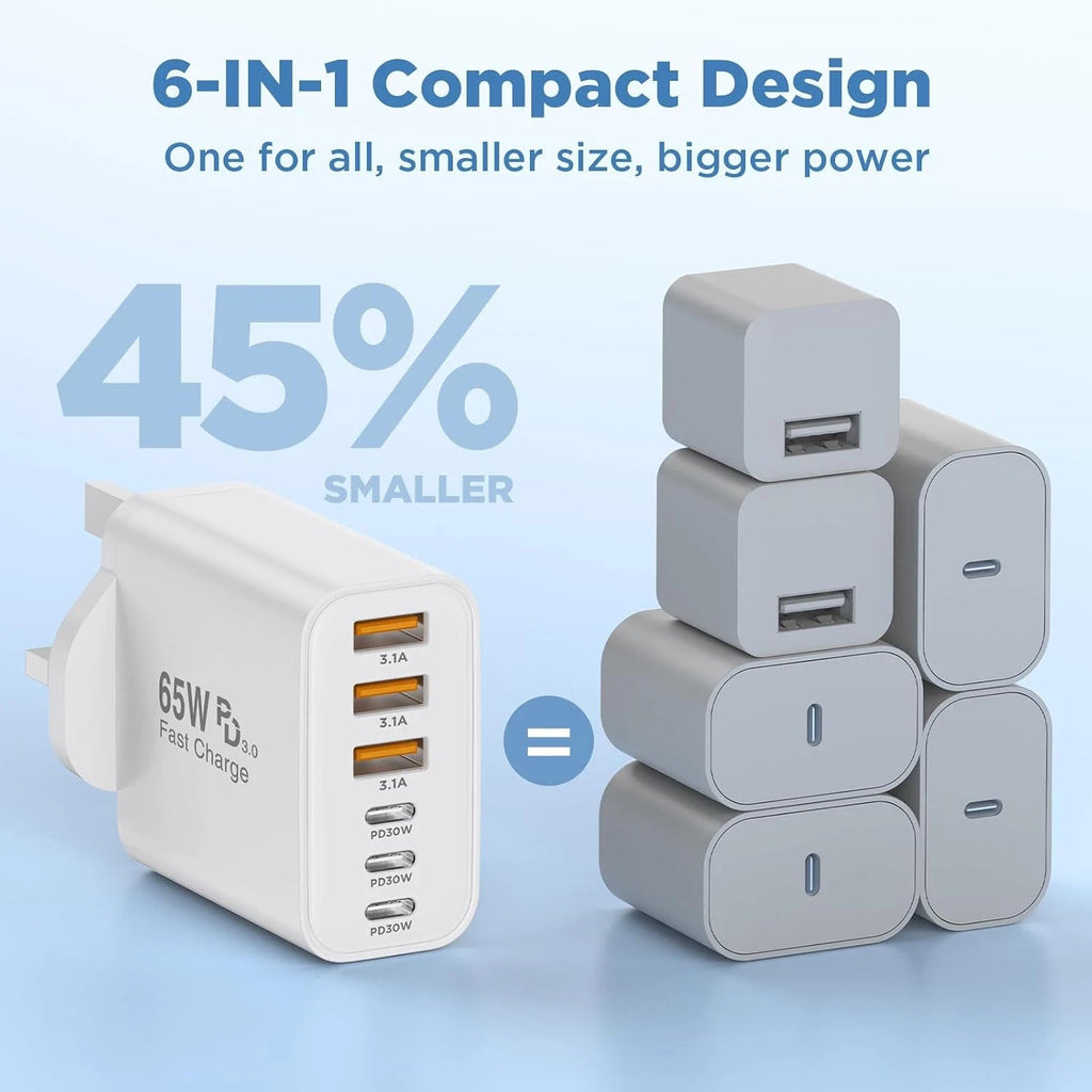 65W 6Ports PD&QC Charging Cube Power Adapter USB Type C For iPhone & Android