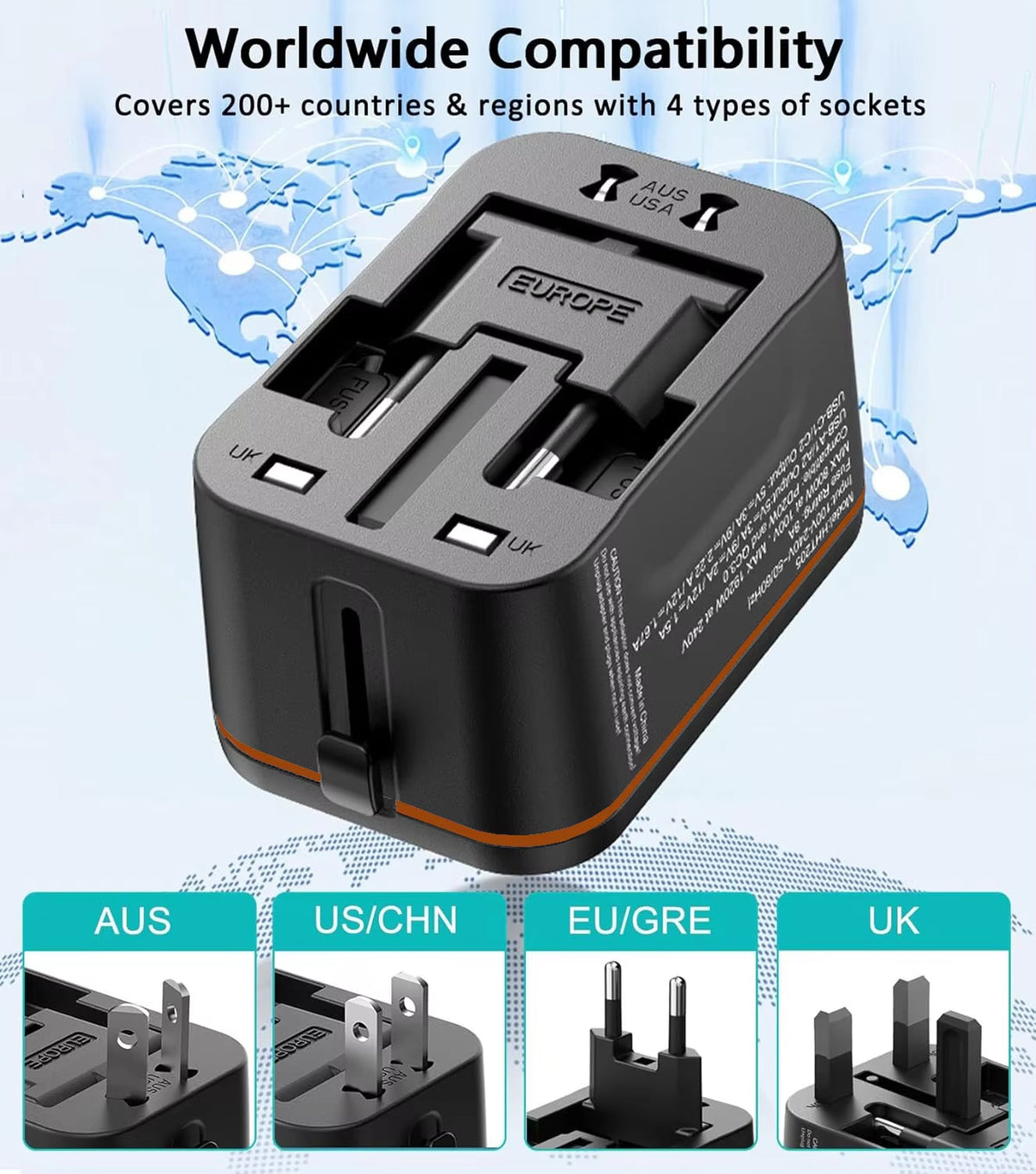 5 in 1 Universal Travel Adapter Charger Very Fast Charging Ports