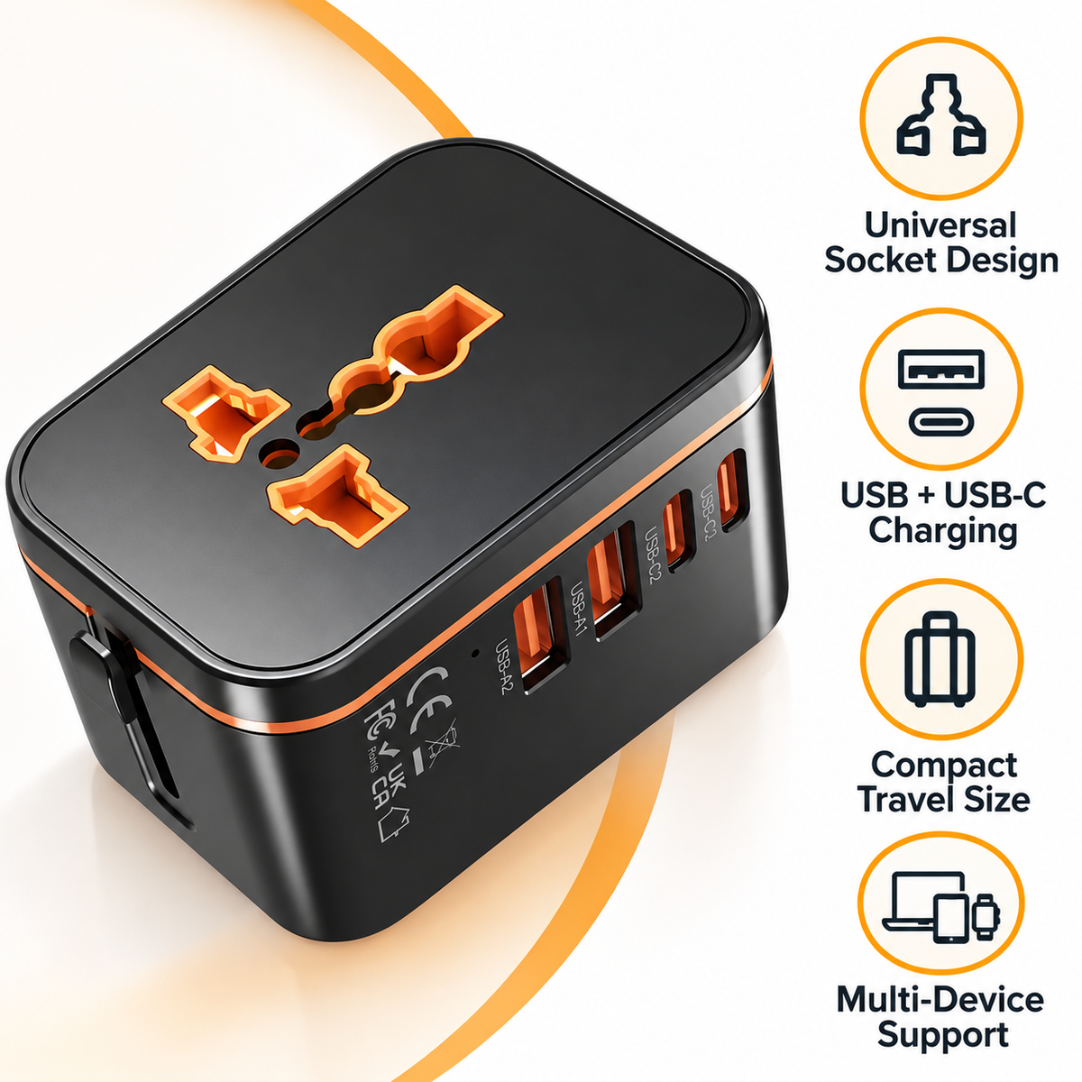 5 in 1 Universal Travel Adapter Charger Very Fast Charging Ports