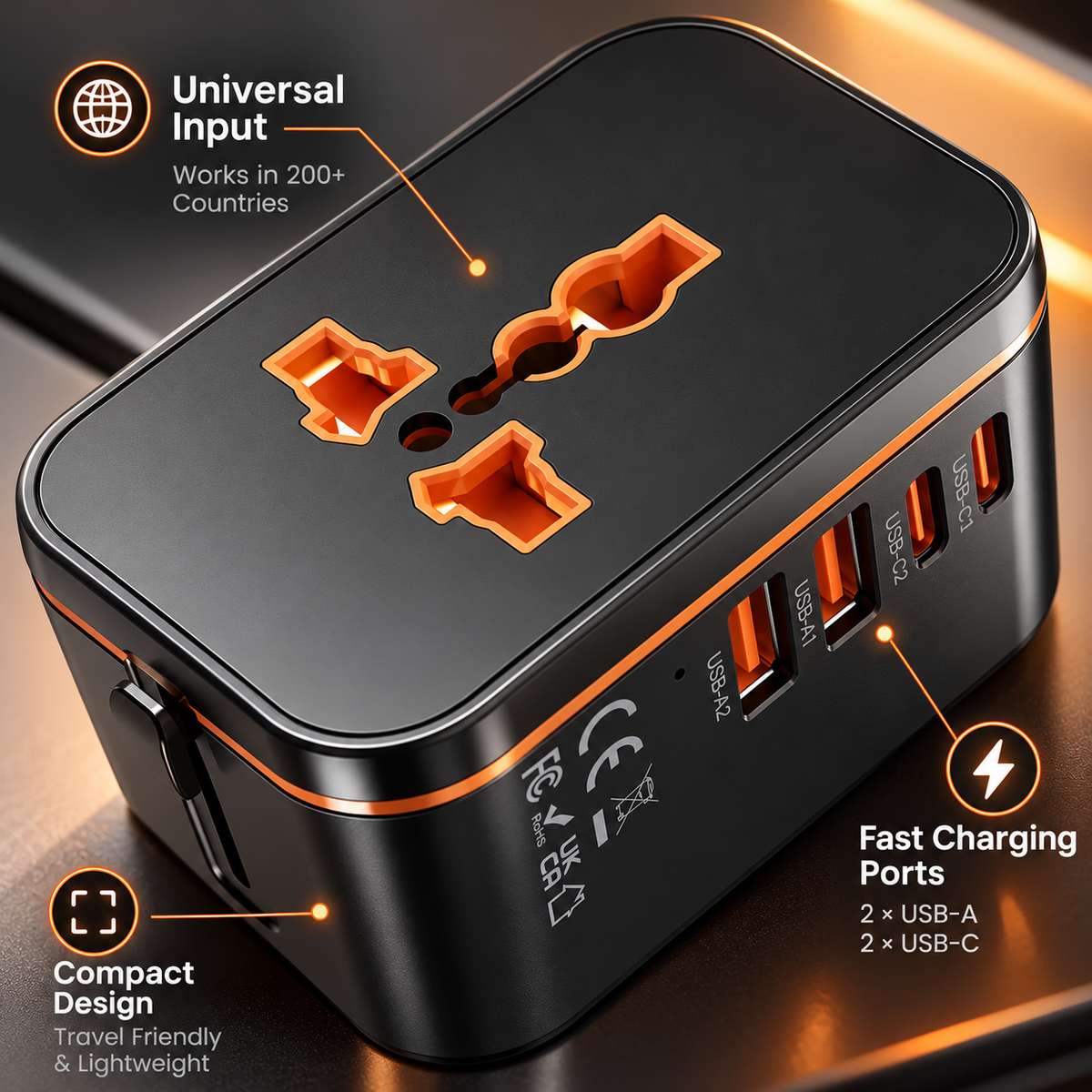 5 in 1 Universal Travel Adapter Charger Very Fast Charging Ports