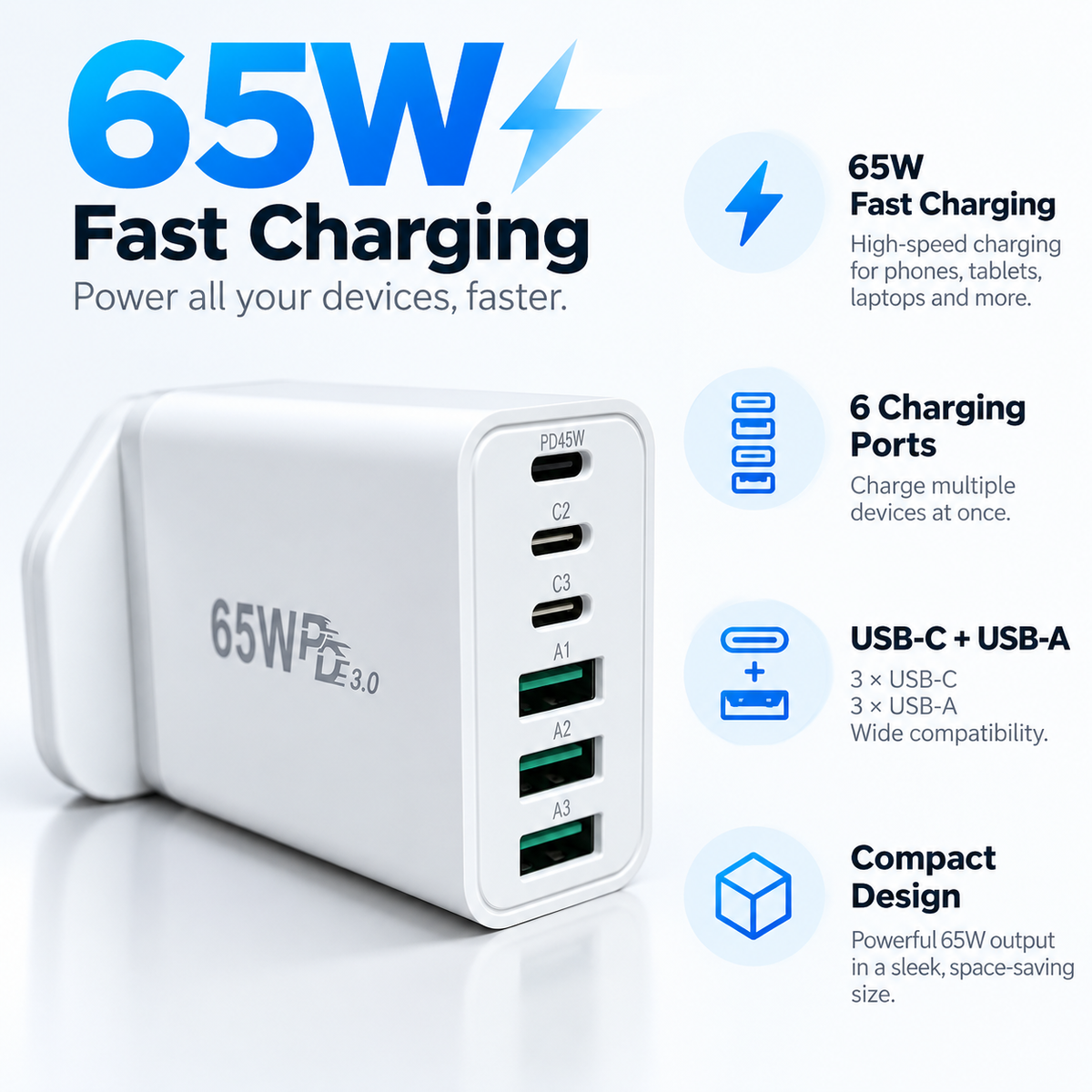 65W 6Ports PD&QC Charging Cube Power Adapter USB Type C For iPhone & Android